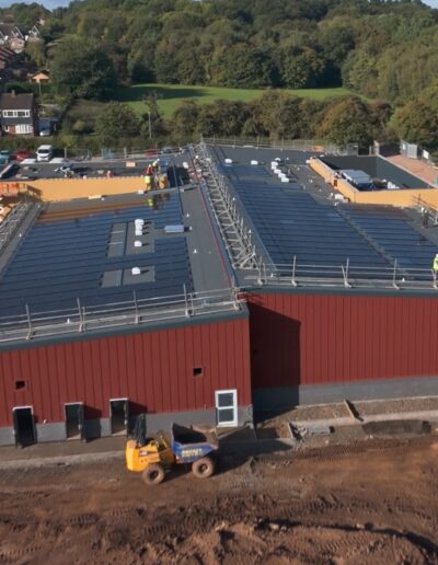Overhead view of the solar panels on the roof of Stychbrook Leisure Centre