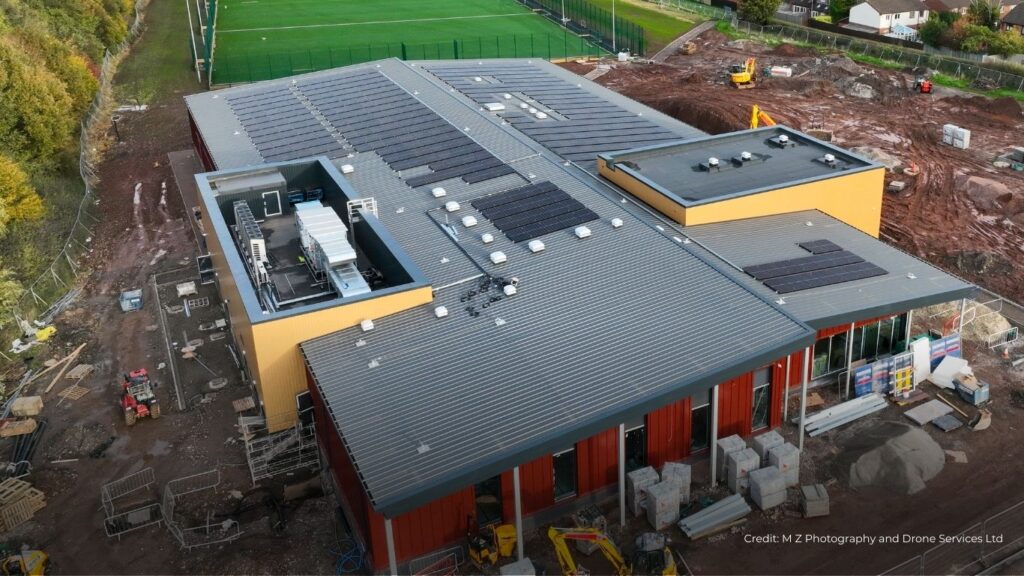 Drone shot of the new Lichfield Leisure Centre showing the new solar panel installations on the roof.